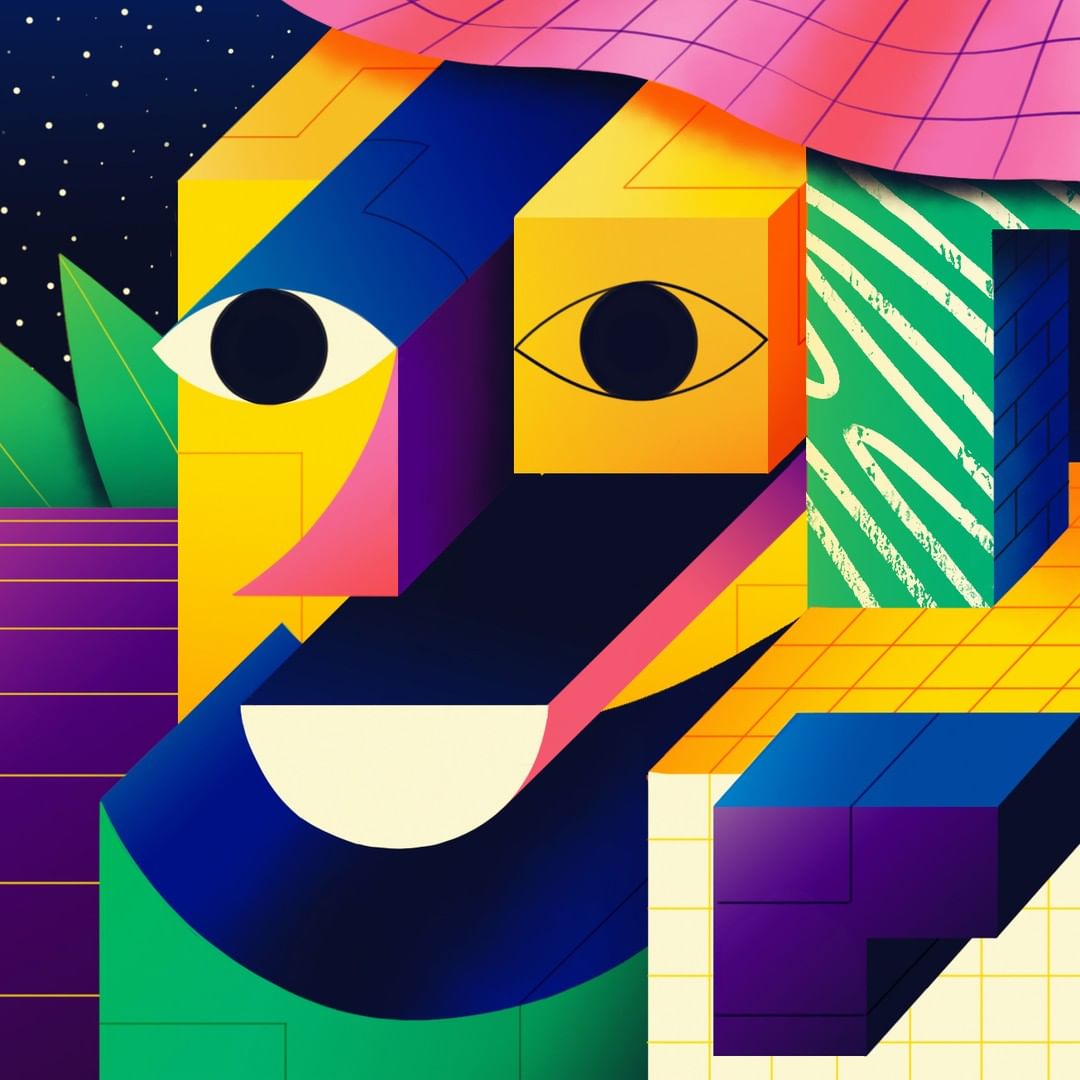 Abstract geometric illustration featuring a colorful human face with cubic shapes, rendered in a modern art style with vivid colors.