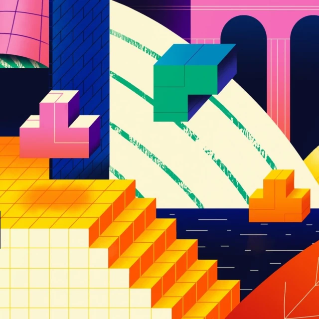 Abstract illustration featuring geometric shapes in vibrant hues of yellow, orange, pink, green, and blue against a cream background.