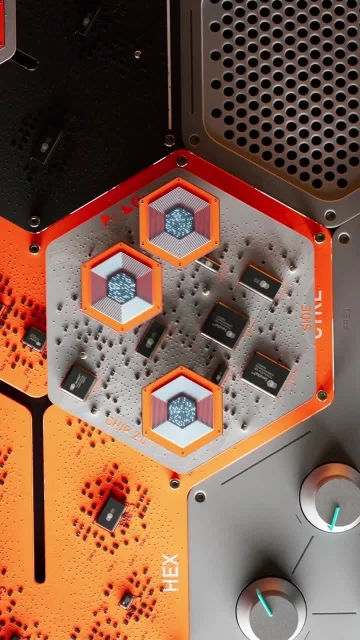 Close-up of a futuristic circuit board with hexagonal patterns, orange and grey components, and digital textures, showcasing tech innovation.