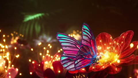 Vibrant CGI butterfly on a red flower with fiber optic stamen, set against a soft-focus dark backdrop with similar botanical elements.
