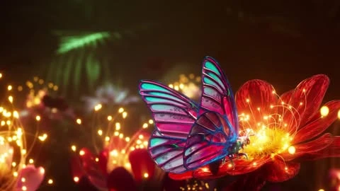 Vibrant CGI butterfly on a red flower with fiber optic stamen, set against a soft-focus dark backdrop with similar botanical elements.