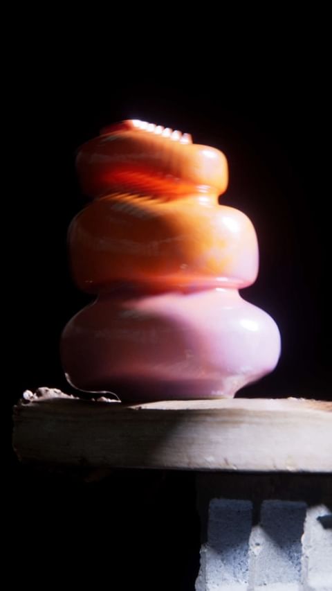 Stacked abstract ceramic sculpture in orange and pink tones on a weathered wooden board against a dark background in a vertical format.