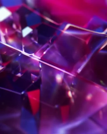 Abstract geometric design with a focus on reflective surfaces and light refraction, featuring dominant purple and red hues.