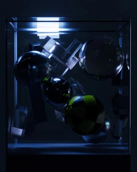Abstract still life with metallic spheres, cubes, and glass in a reflective cube illuminated by a light from the top, creating a modern art display.