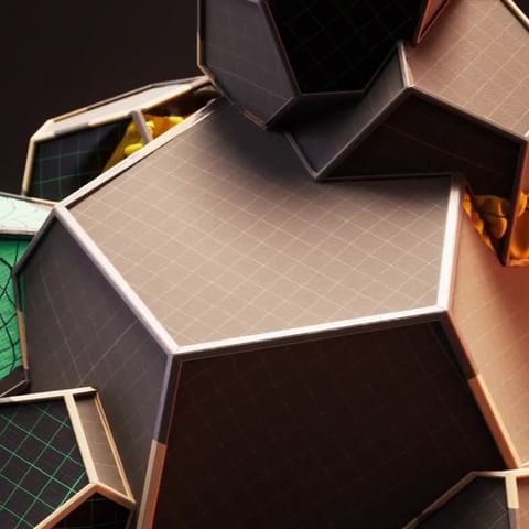 Abstract 3D render with a cluster of polygon shapes creating a geometric pattern with tessellating structures against a dark background.