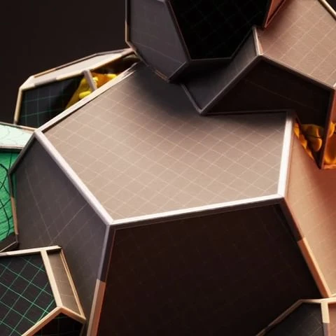 Abstract 3D render with a cluster of polygon shapes creating a geometric pattern with tessellating structures against a dark background.