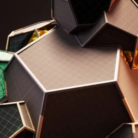 Abstract 3D render with a cluster of polygon shapes creating a geometric pattern with tessellating structures against a dark background.