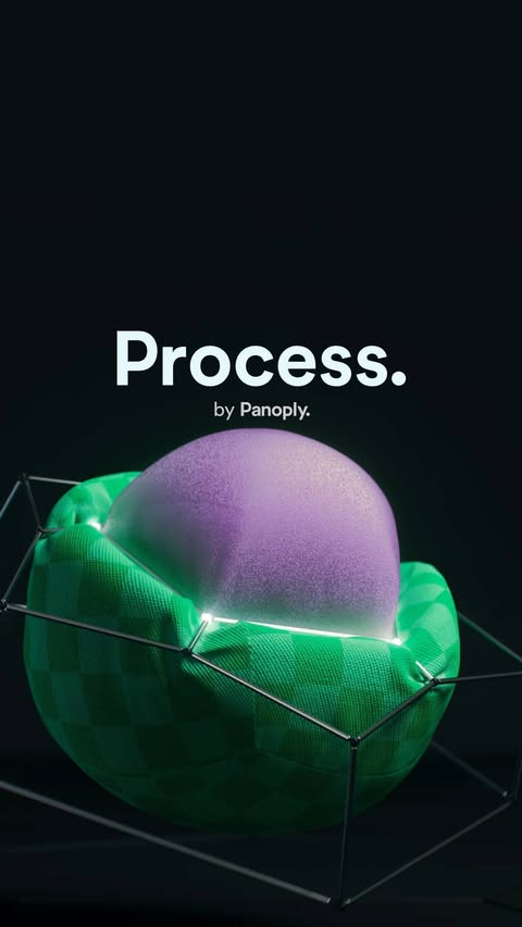 Abstract render featuring a rounded lilac object nestled in green, framed by a black wireframe against a dark background.