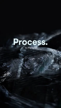Abstract visualization of water waves with a dark background and the text 'Process. by Panoply'. Moody and visually intriguing.