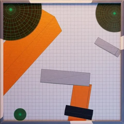 Abstract geometric composition with orange, gray, black shapes and two dark green spheres, set against a gridded white background in a frame.