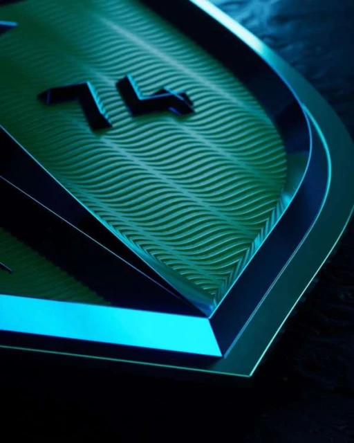 Abstract close-up of layered shield with the number 74 and a wavy pattern, set against a dark background with blue lighting.