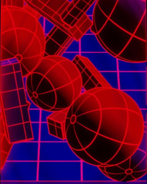 Abstract digital render with red wireframe spheres and rectangular prisms against a blue grid background, creating a neon aesthetic.