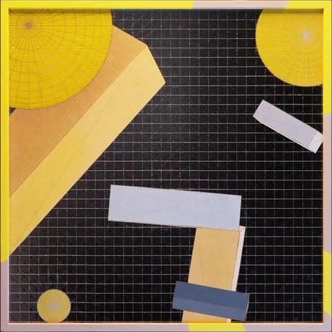 Abstract geometric art features yellow, blue, gray, and brown blocks arranged on a black grid surface within a yellow frame.
