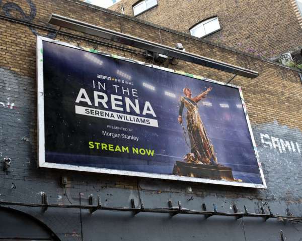 Billboard advertisement for ESPN's 'In the Arena' documentary featuring Serena Williams, presented by Morgan Stanley, encouraging viewers to stream now.