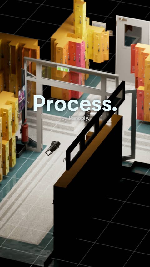 Isometric animation of an office hallway with lockers, doorways, and a robotic figure moving through the space, set against a black grid.