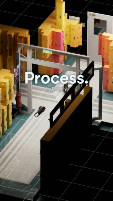 Isometric animation of an office hallway with lockers, doorways, and a robotic figure moving through the space, set against a black grid.