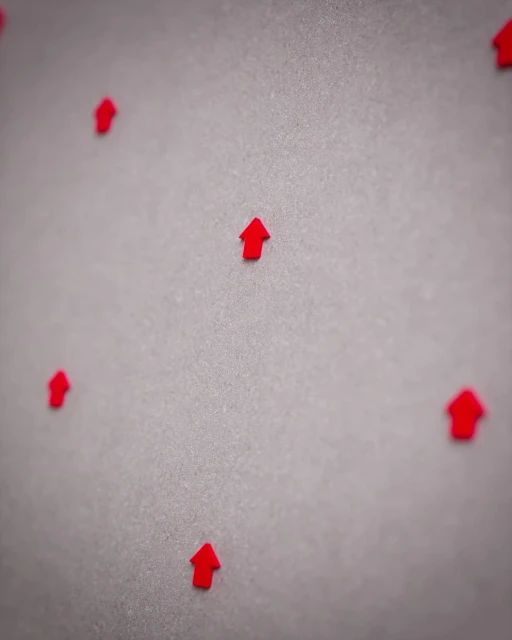 Red arrows pointing upward arranged in a pattern on a gray surface, creating a directional and visually repetitive composition.