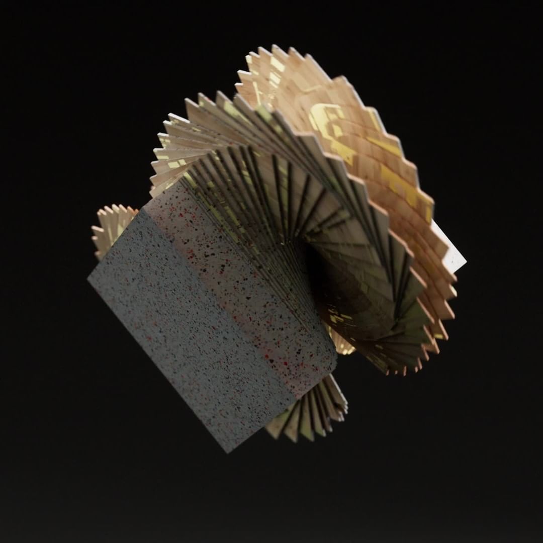 Abstract 3D render featuring a textured cube shape and layered, geometric design against a dark, neutral background.