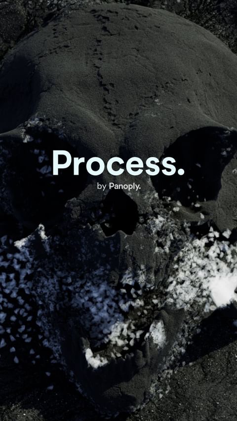 Dark landscape image showing rock formations and a digitally added text overlay of the word 'Process' by Panoply.