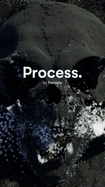 Dark landscape image showing rock formations and a digitally added text overlay of the word 'Process' by Panoply.