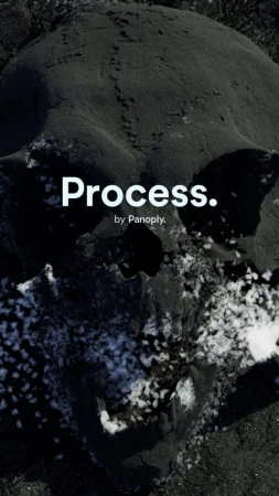 Dark landscape image showing rock formations and a digitally added text overlay of the word 'Process' by Panoply.