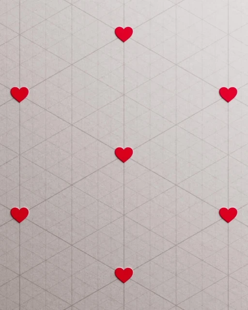 Overhead shot of seven red heart shapes evenly spaced on white triangular grid pattern for Valentine's Day or design concept.