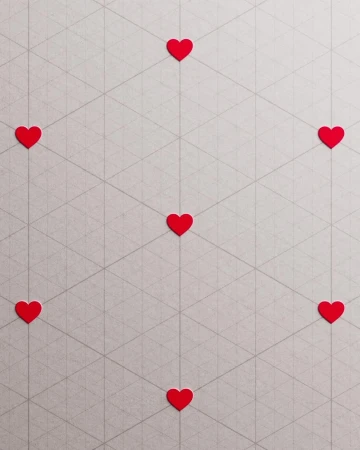 Overhead shot of seven red heart shapes evenly spaced on white triangular grid pattern for Valentine's Day or design concept.