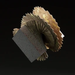 CGI artwork by Panoply featuring a textured grey block and golden layered fan-like structure against a dark background.