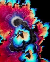 Vibrant abstract crystalline formations displaying radiant magenta, glowing cyan, and warm golden hues against a deep black background.