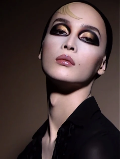 Close-up portrait of a person with dramatic gold and black eye makeup, glossy lips, and a dark shirt, set against a dark backdrop.