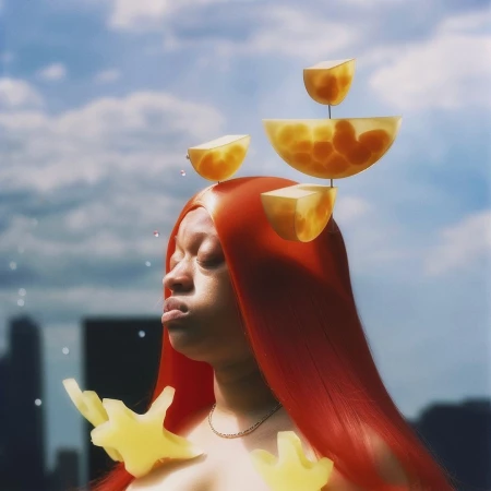 Portrait of a Black woman with long red hair adorned with suspended citrus fruit slices against an out-of-focus city skyline.