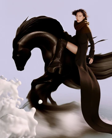 Woman in dark long coat and thigh-high boots riding a surreal black horse sculpture with white splashing waves.