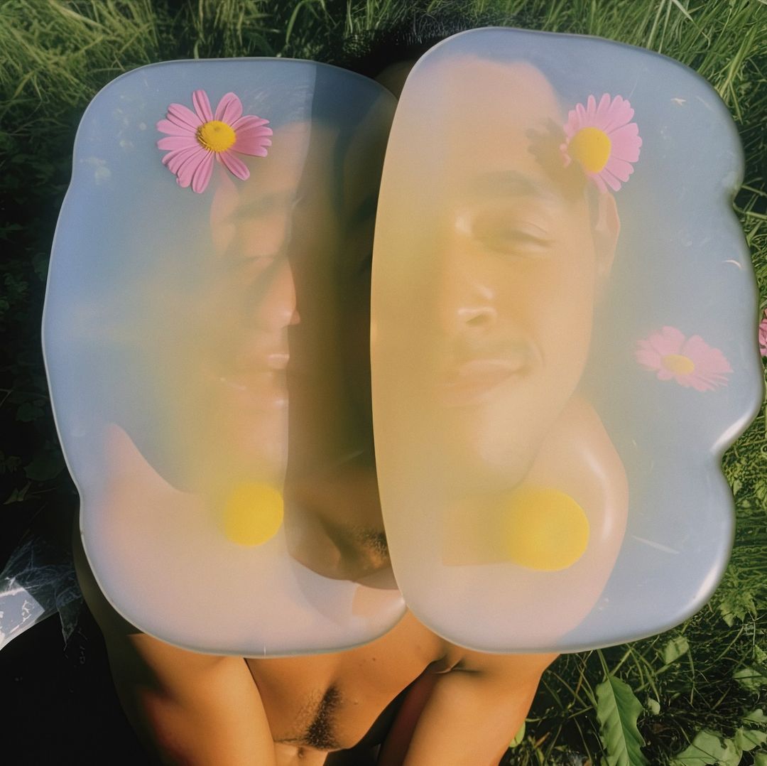 Surreal portrait of a shirtless man with a daisy in clear gelatin headpieces lying in green grass on a sunny day.