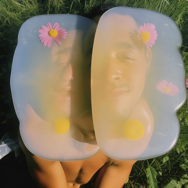 Surreal portrait of a shirtless man with a daisy in clear gelatin headpieces lying in green grass on a sunny day.