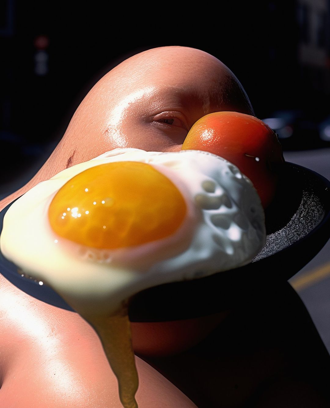 Close up of a bald adult, tomato, and fried egg in a black pan, casting shadows against a dark, possibly urban, background.
