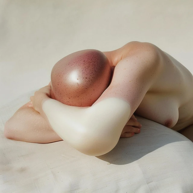 Surreal nude female figure with an egg-shaped head, resting on a white surface in soft, diffused lighting for an artistic nude portrait.