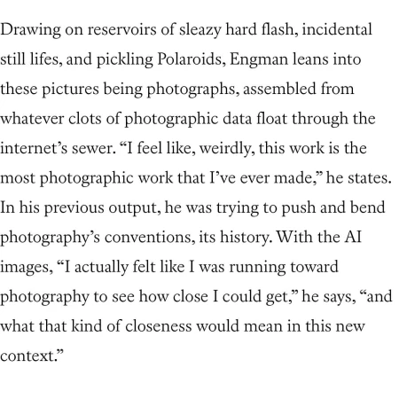 Close-up of a text excerpt describing photography and AI images. The text discusses photographic work and photographic data.