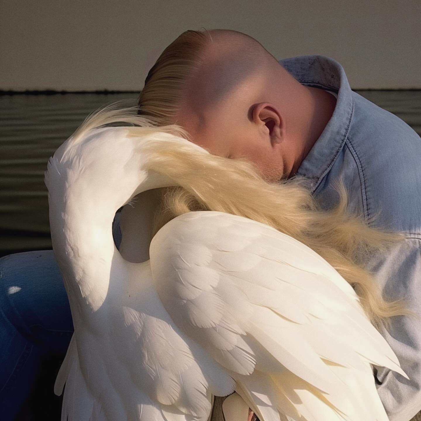 Close-up of a man with short blonde hair lying next to a white swan on a boat in water, with the horizon in the background.
