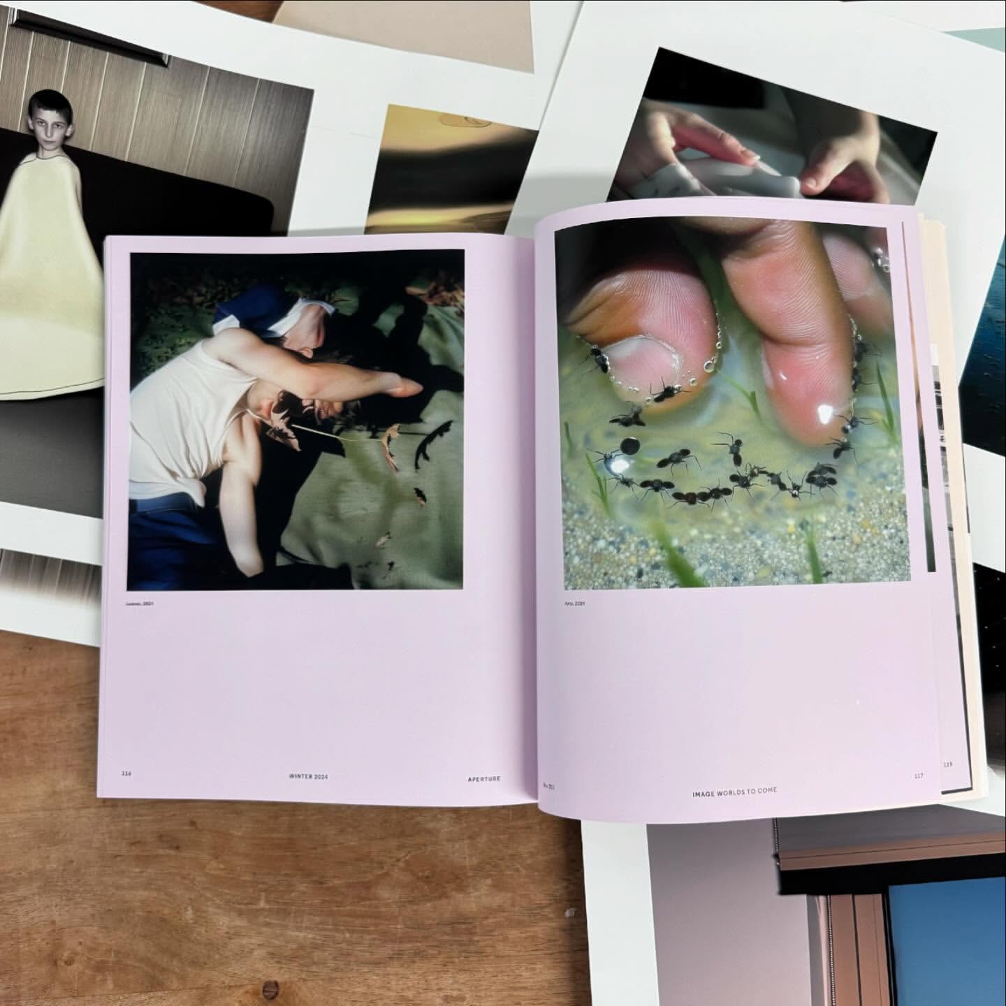 Open book displays two photographs: one of a person lying down outdoors, and another of fingers in water with ants.