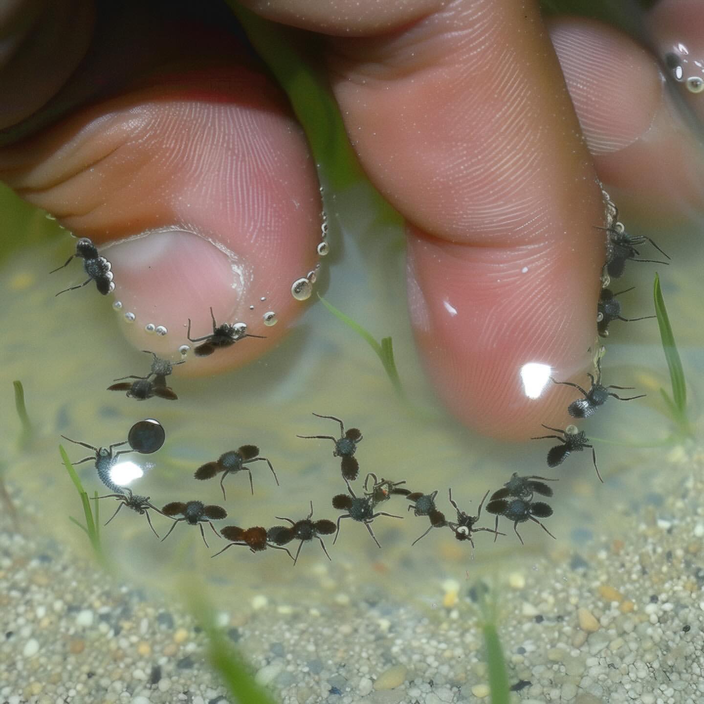 Close-up of a hand in shallow water surrounded by water striders, with sand and plant life visible in the background on a bright day.