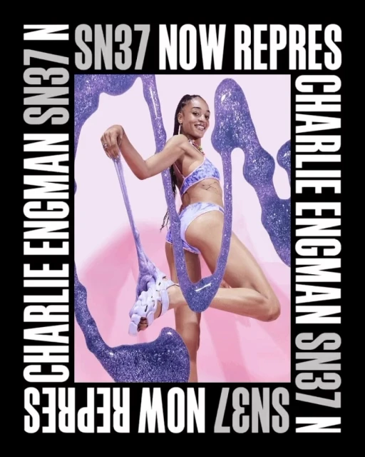 Young woman in a bikini poses with glittery slime against a pink background, surrounded by black borders and white text.