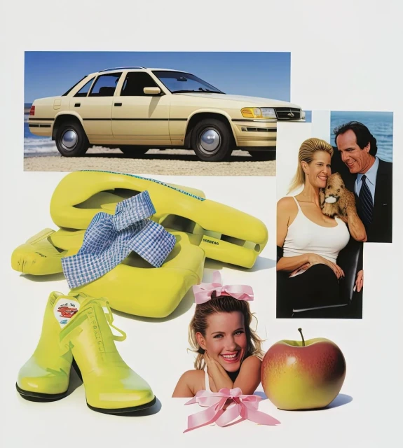 Collage with a light yellow car on a beach, yellow shoes with blue bows, a smiling woman, a couple, and an apple on a white background.