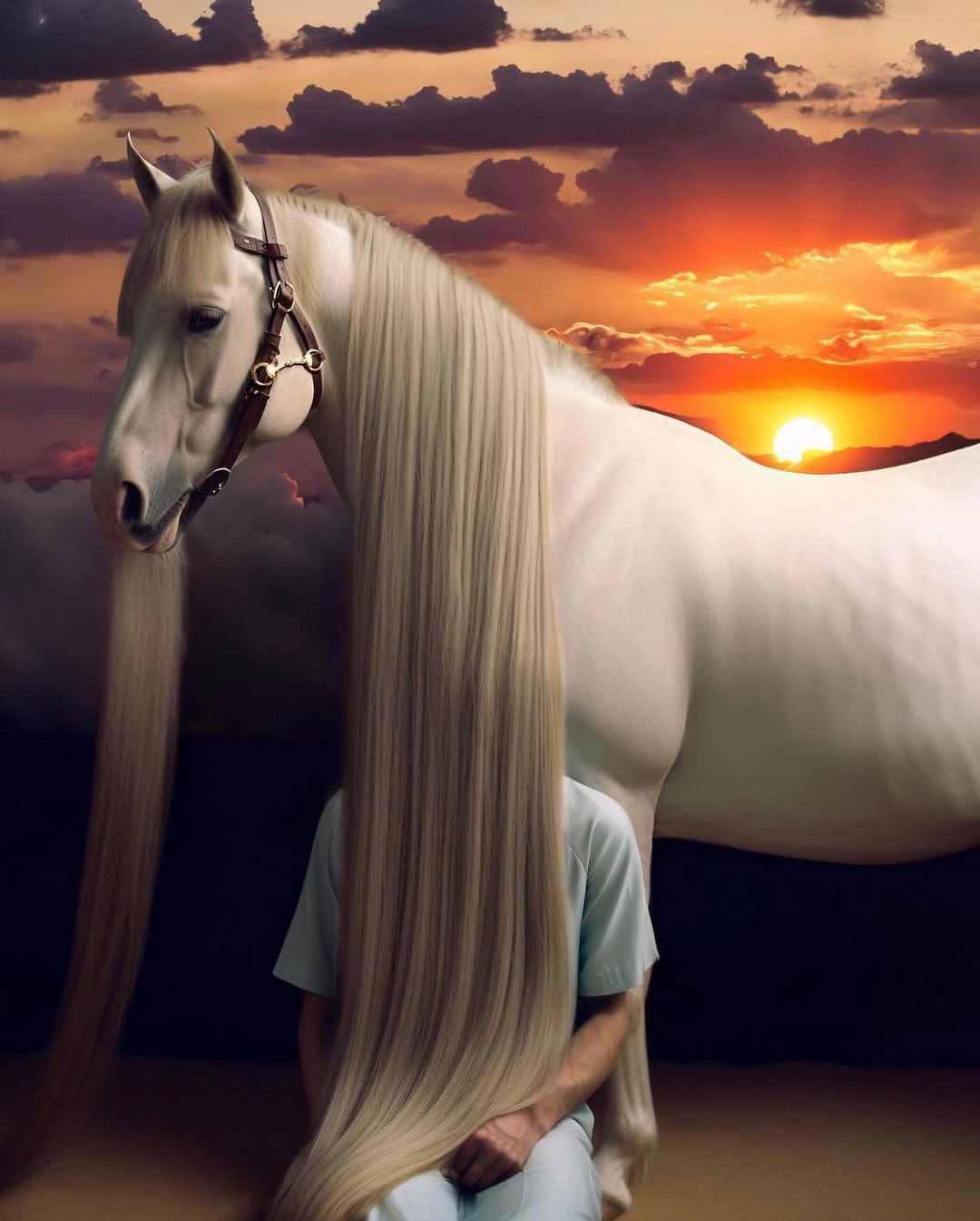 Surreal image featuring a white horse and a kneeling person whose face is obscured by long, flowing blonde hair under a sunset sky.