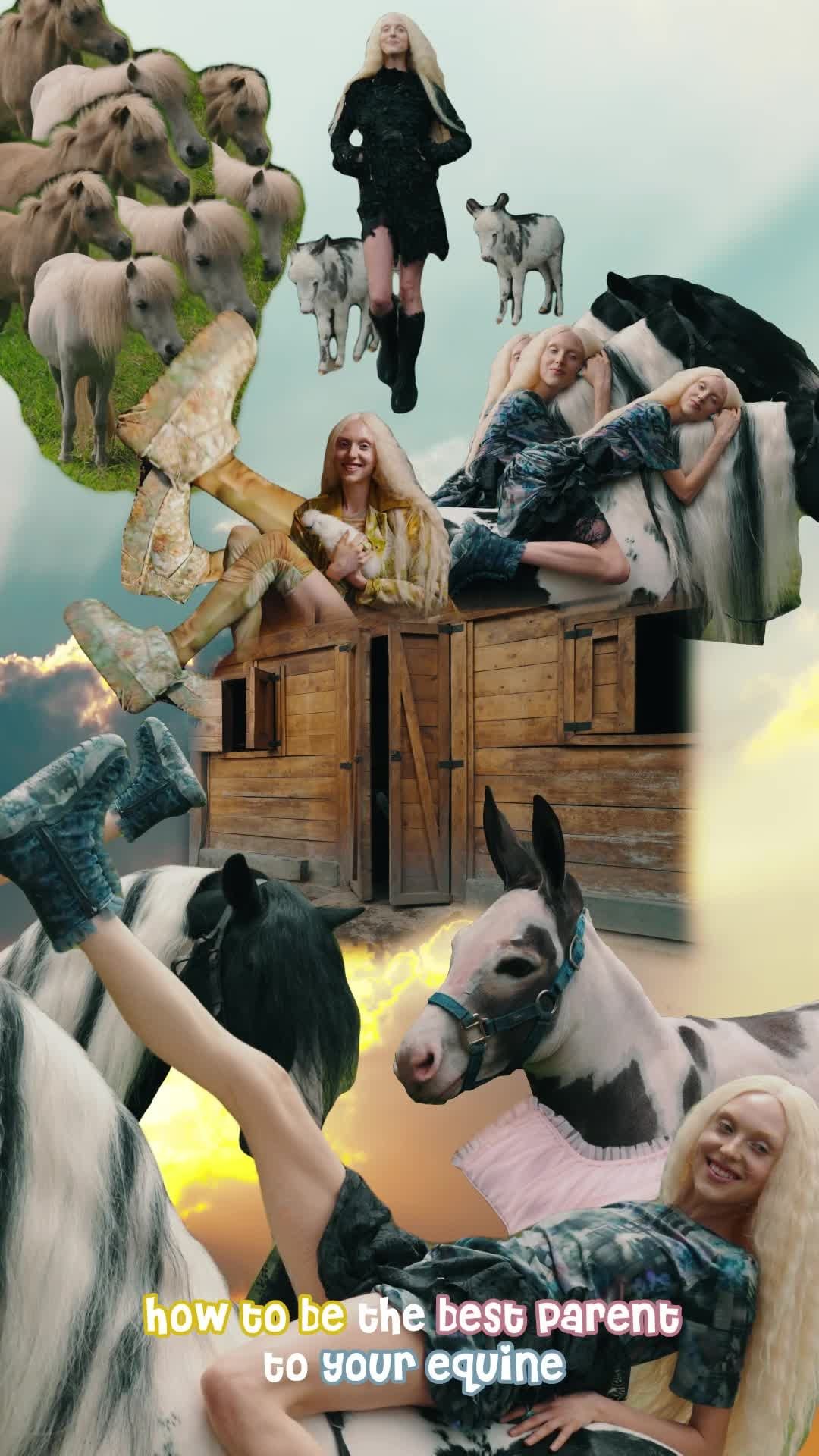 Surreal composite image featuring a woman in an equestrian-themed setting with horses, ponies, and a wooden structure against a cloudy sky.