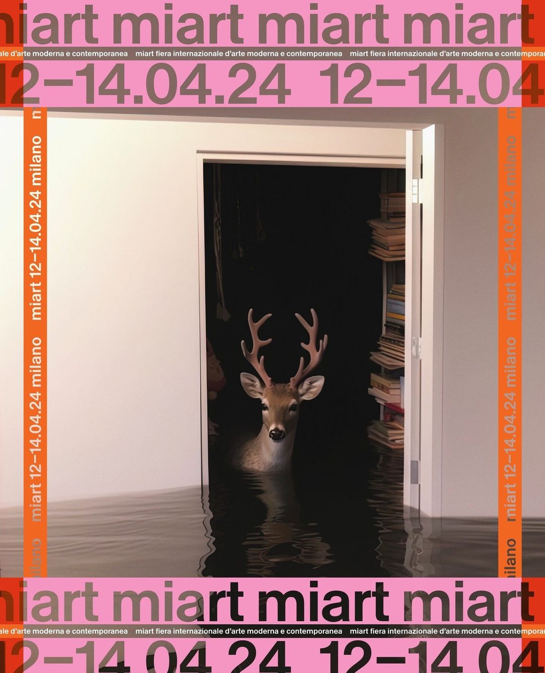 Conceptual image: A deer stands in an interior flooded room, viewed through a doorway, surrounded by marketing text for an art event.