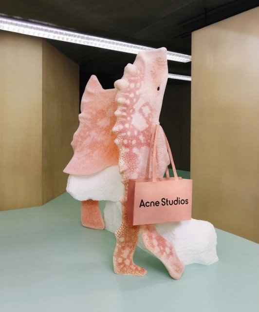 Abstract coral-inspired art installation with a light pink Acne Studios shopping bag in a minimalist interior setting.