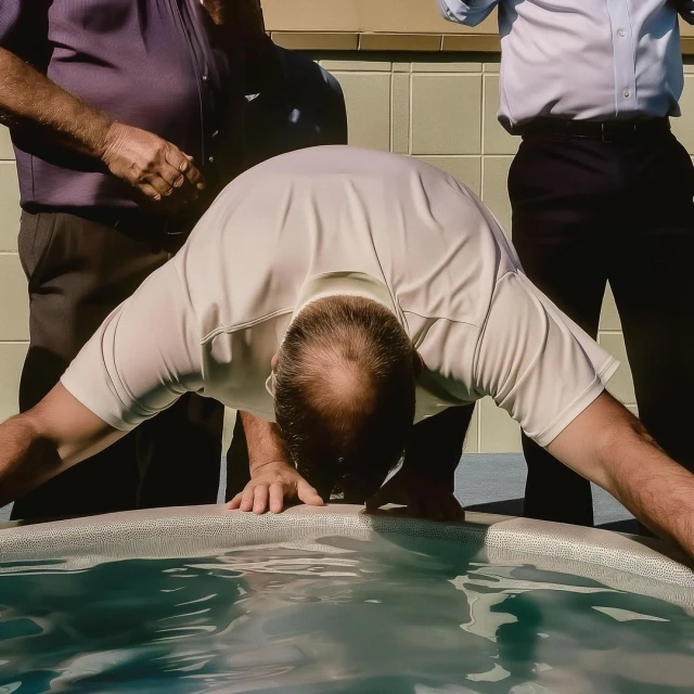 Man leans over a water feature with two adult males standing behind him, outdoor shot with natural light and partial tile wall.