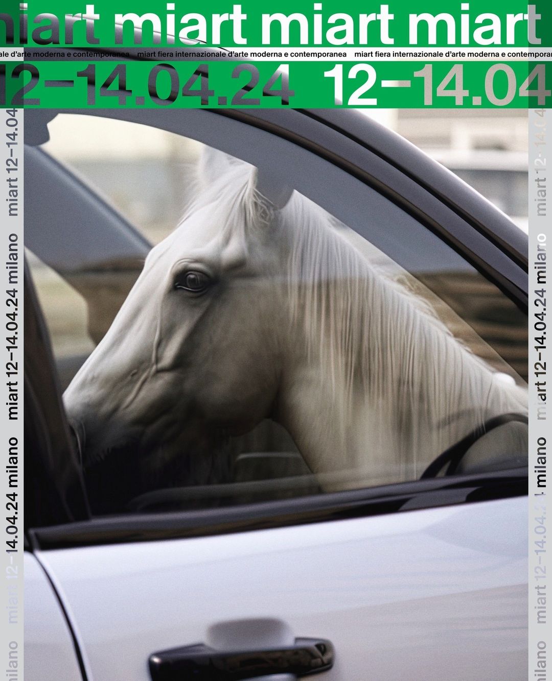 A horse is inside a car, viewed through the windshield, advertising a modern art event titled 'miart' in green text at the top.