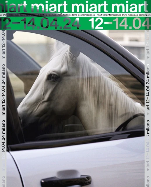 A horse is inside a car, viewed through the windshield, advertising a modern art event titled 'miart' in green text at the top.