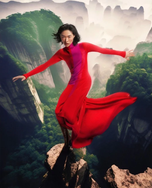 Woman in long red dress on rocky peak, arms outstretched, scenic mountain background. Fashion editorial, beauty, nature, adventure.